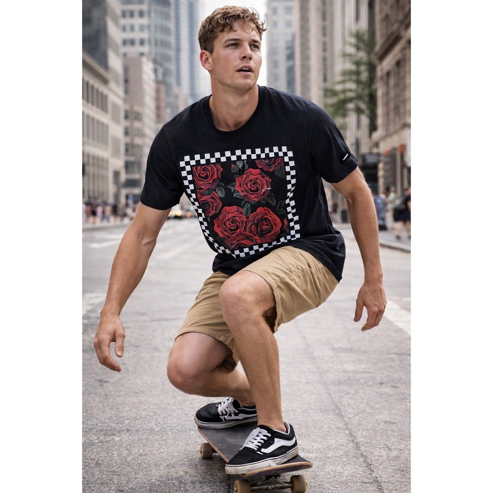 LCM International Mens Black Rose Graphic T-Shirt Checkered Border Medium